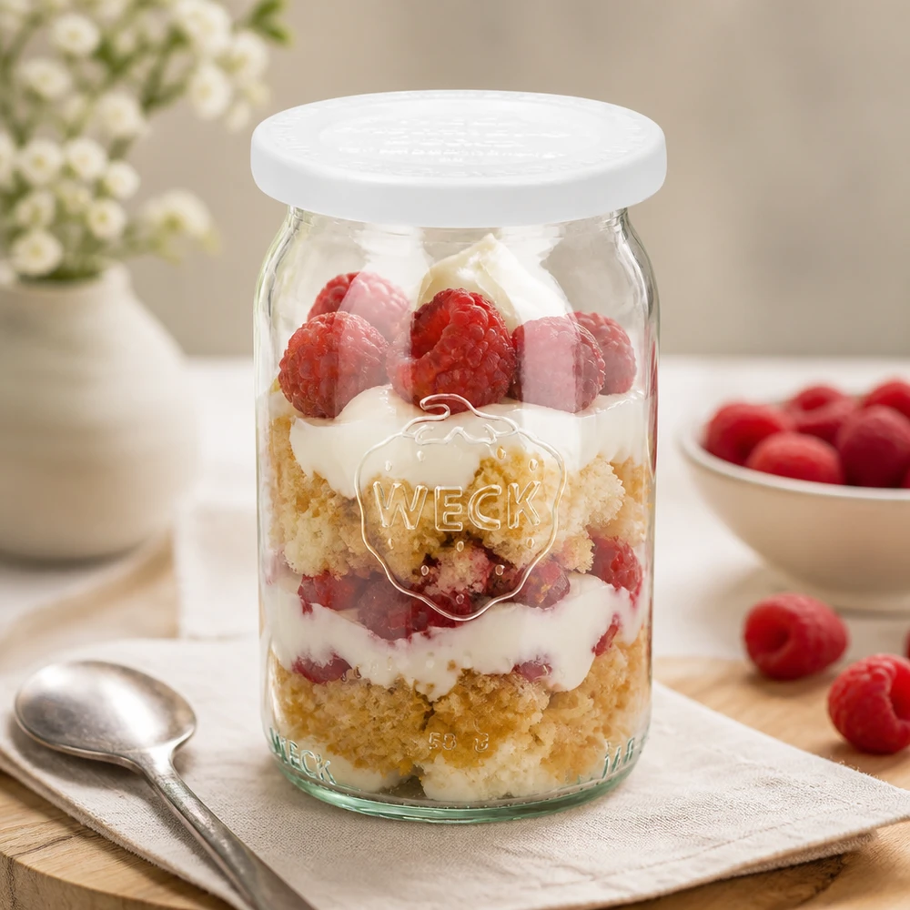 Frasco cilíndrico WECK RR40 de 145 ml com sobremesa em camadas de framboesas e natas como frasco de pequeno-almoço numa base de cor clara