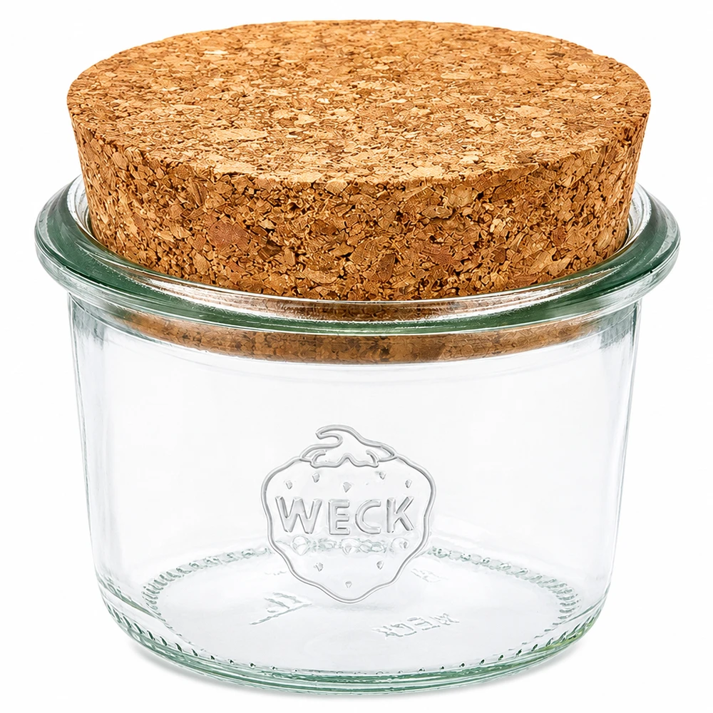 Copos de vidro de 80ml WECK RR60 com cortiça natural Frasco de vidro WECK 80ml RR60 com tampa de cortiça natural Frasco de conserva em vidro transparente