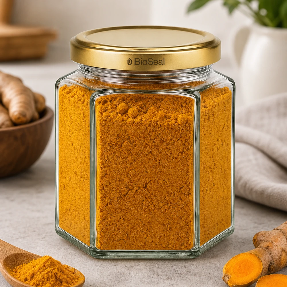 Frasco Hexa de 390 ml com tampa BioSeal dourada UNiTWIST Frasco de especiarias UNiTWIST Hexa390 com tampa dourada BioSeal cheio de curcuma em pó ao lado de raízes de gengibre frescas