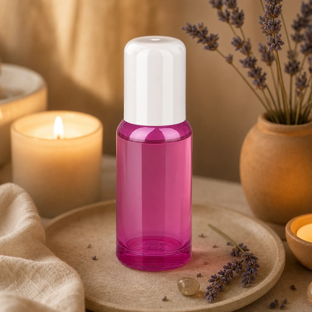 Frasco roll-on de 20 ml em vidro de alta qualidade com sistema prático de fecho esférico em roxo