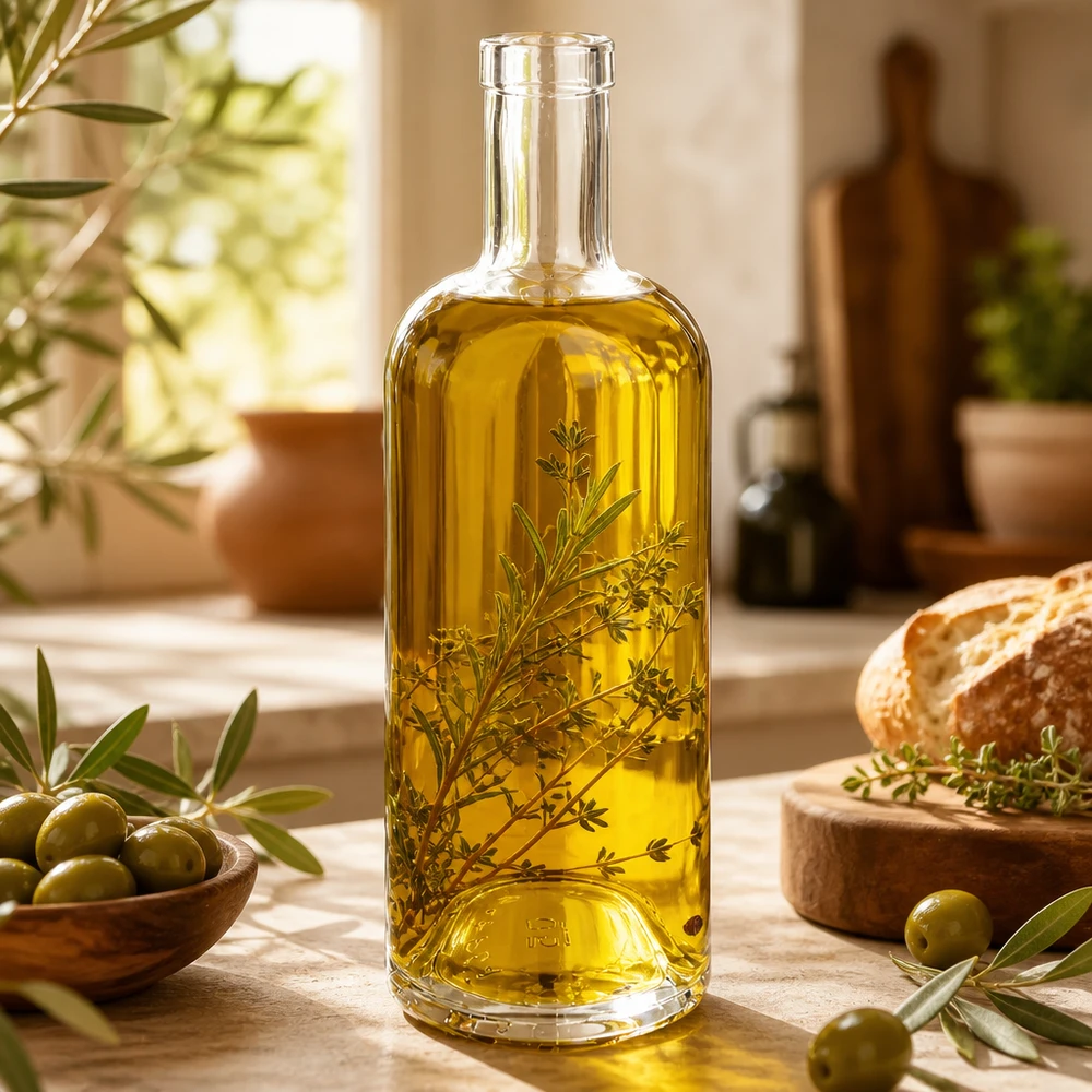 Garrafa de vidro de 750 ml de Emma cheia de azeite e ervas aromáticas ao lado de pão de azeitona e decoração mediterrânica