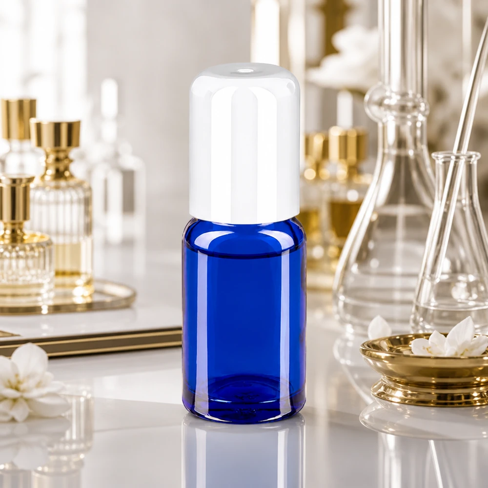 Frasco roll-on azul elegante de 10 ml com tampa branca para produtos cosméticos profissionais