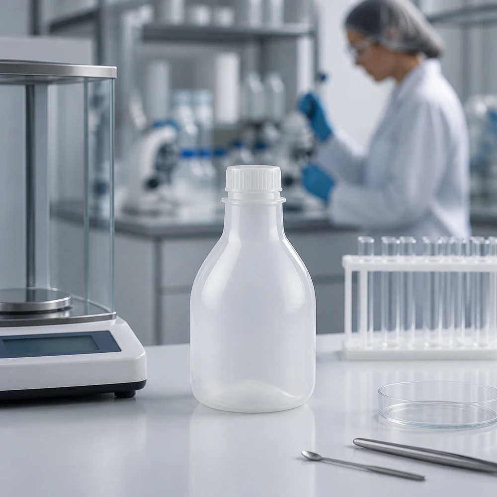 Frasco de laboratório branco de 20 ml, de gargalo estreito e sem tampa, ao lado de uma balança de análise e de tubos de ensaio no laboratório