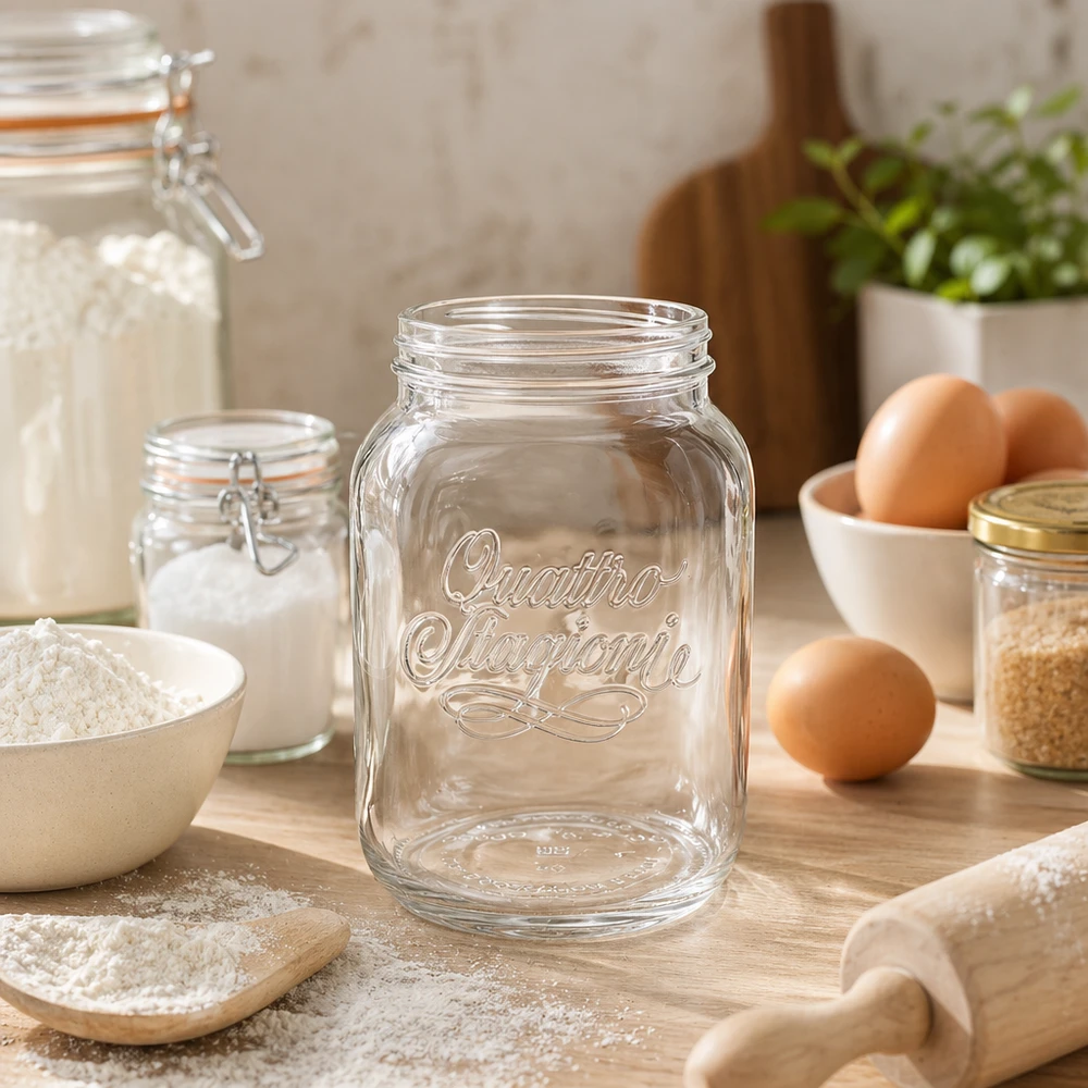 3000ml Rundglas "Quattro Stagioni" QS110mm Copo doméstico Quattro Stagioni 3000ml transparente sobre mesa de madeira com utensílios de cozinha ovos e farinha