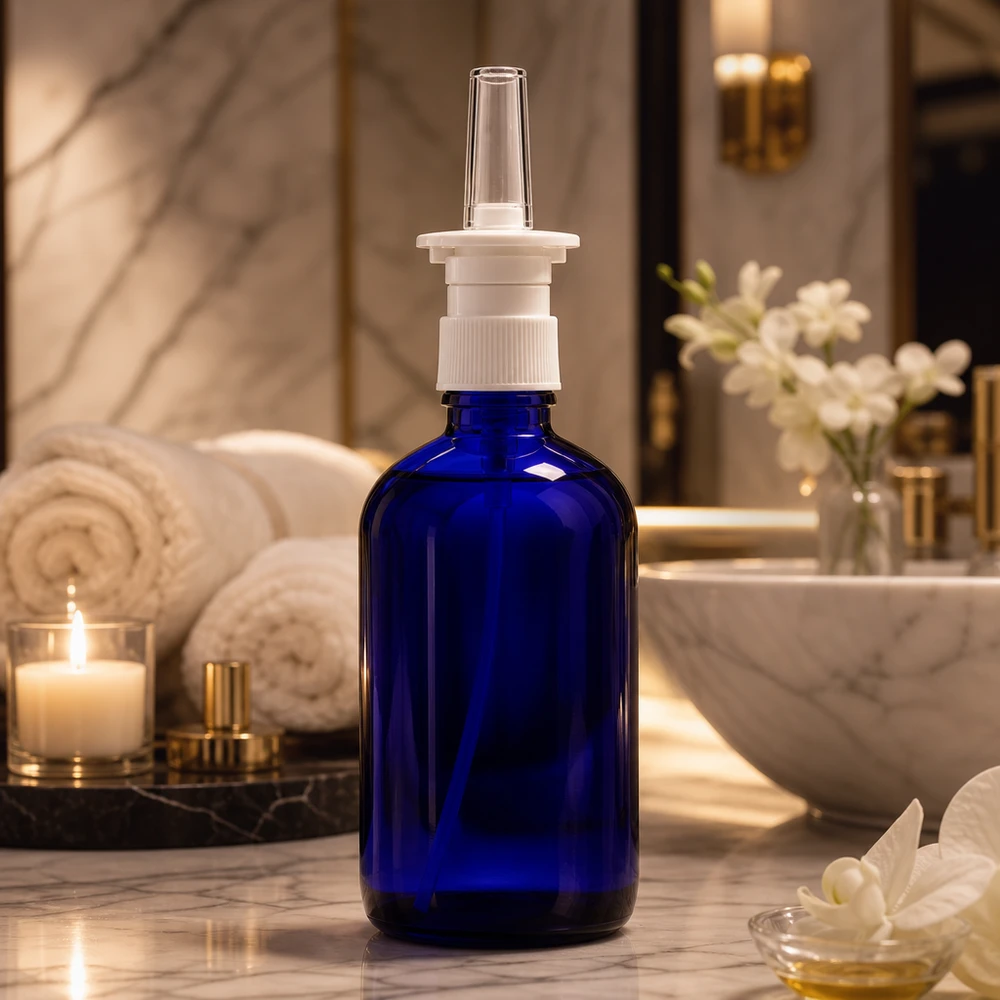 Frasco de vidro azul cobalto de 100 ml com bico pulverizador nasal, numa elegante casa de banho de luxo com piso em mármore