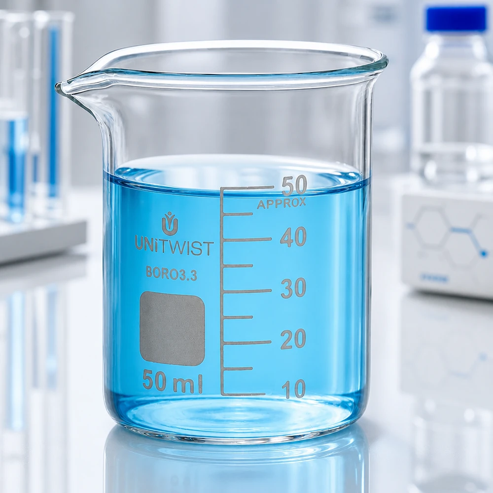 Copo 50 ml de borossilicato, baixo teor de bolor UNiTWIST Copo de vidro UNiTWIST de 50 ml, de formato baixo, com líquido turquesa, com um nível de 45 ml no laboratório