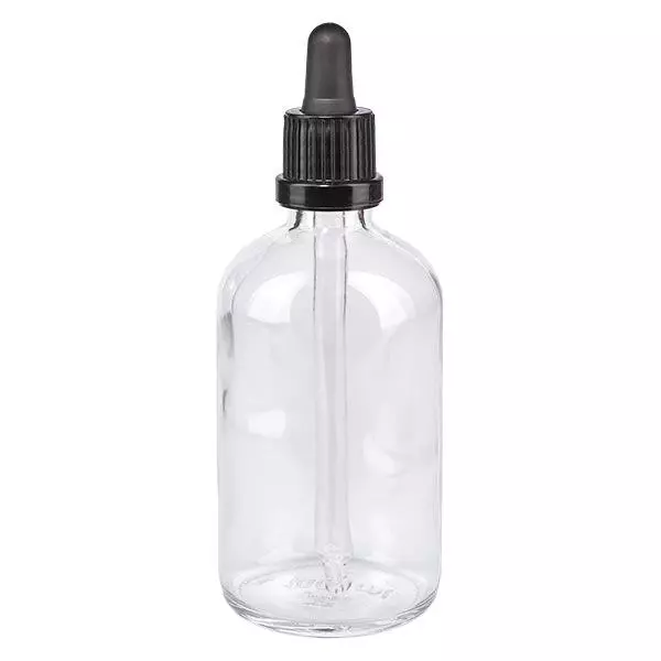 Frasco de farmácia transparente 100ml pipeta preta tampa inviolável