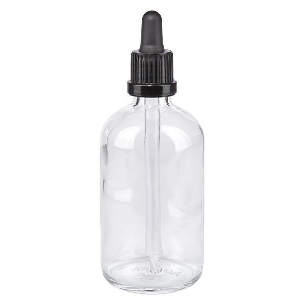 Frasco de farmácia transparente 100ml pipeta preta tampa inviolável