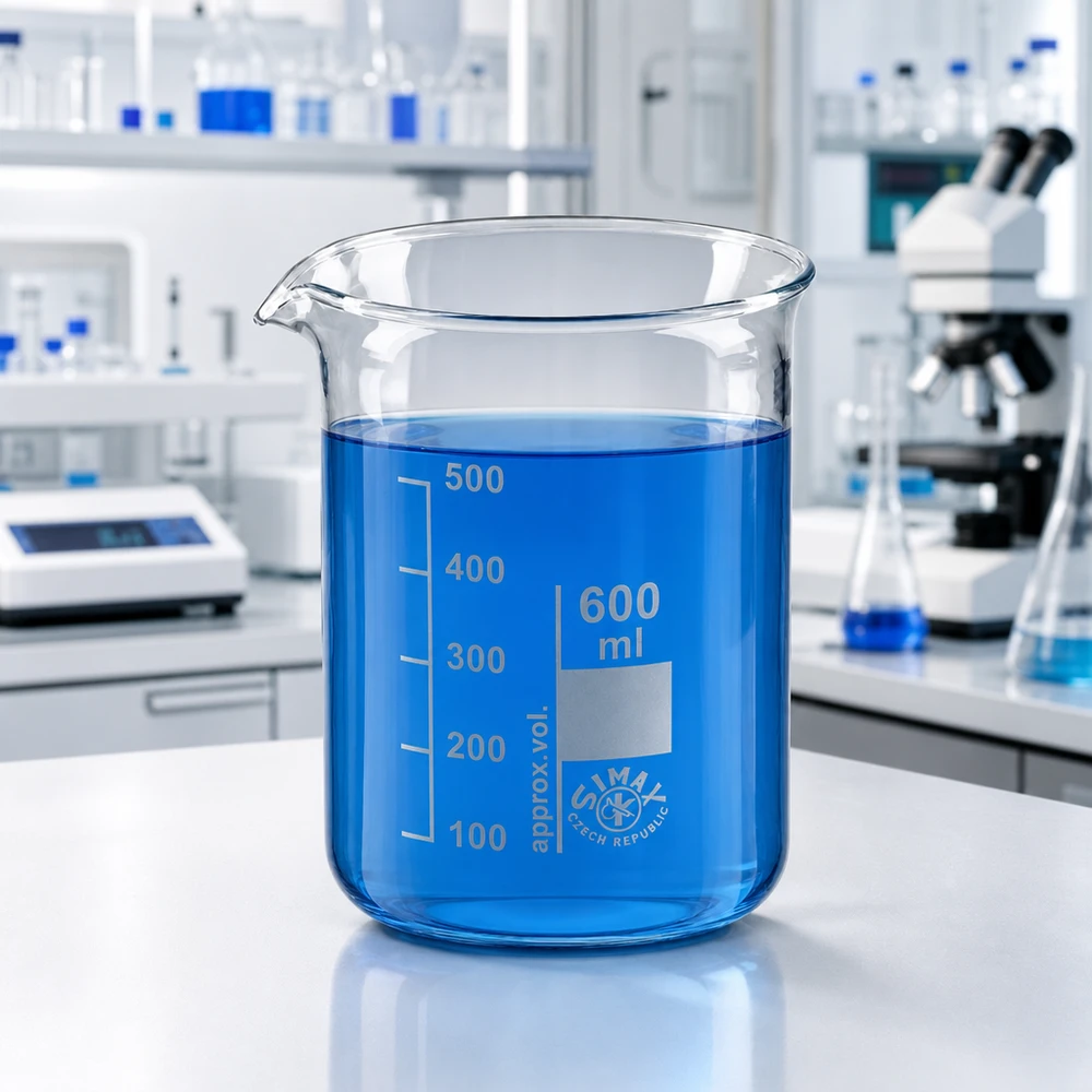 Copo 600ml em vidro borossilicato, forma baixa Copo de 600 ml em vidro borossilicato de forma baixa com escala e bico para uma medição precisa