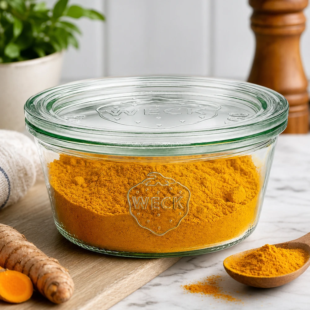 Copos WECK de 290 ml RR100 cheios de curcuma em pó como frasco de especiarias ao lado de raiz de curcuma fresca e colher de pau