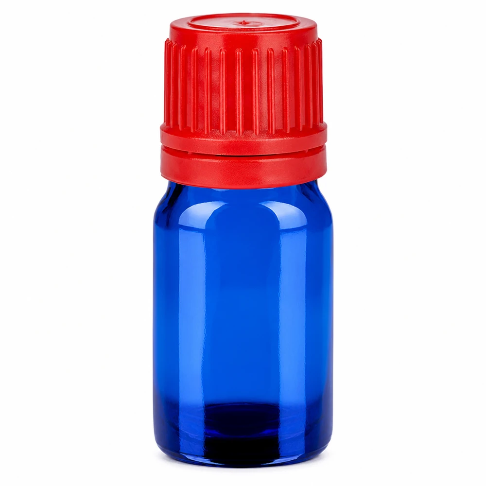 Frasco de 5 ml com tampa de rosca de 11 mm vermelha com fecho inviolável BlueLine UT18/5 Frasco de vidro azul de 5 ml com tampa de rosca vermelha 11 mm SV BlueLine UT18/5