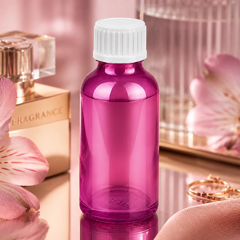 Frasco conta-gotas pequeno de 30 ml em violeta para aromaterapia e cosméticos DIY com tampa branca