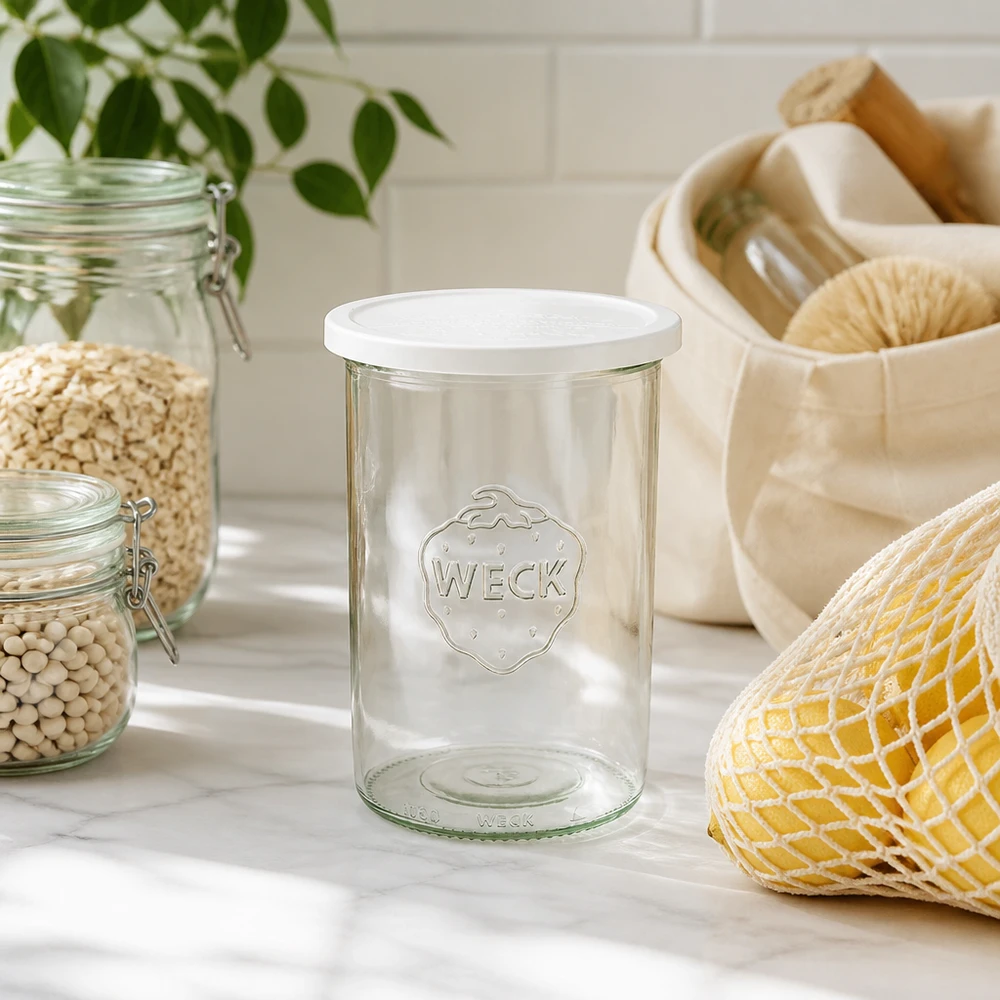 Copos WECK 1000ml RR100 num ambiente de cozinha natural com utensílios de arrumação e plantas sustentáveis