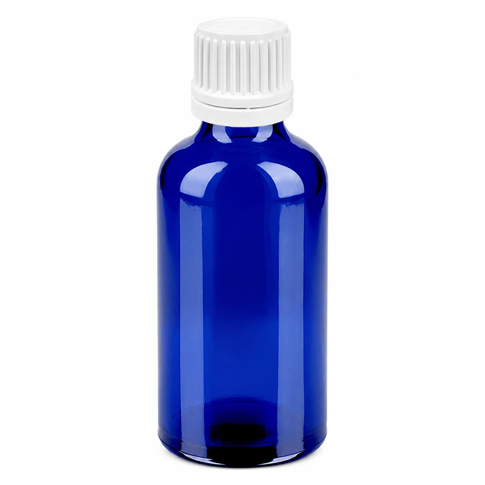 Frasco de vidro azul de 50 ml com tampa branca de conta-gotas de 0,7 mm para uma dosagem precisa BlueLine UT18/50