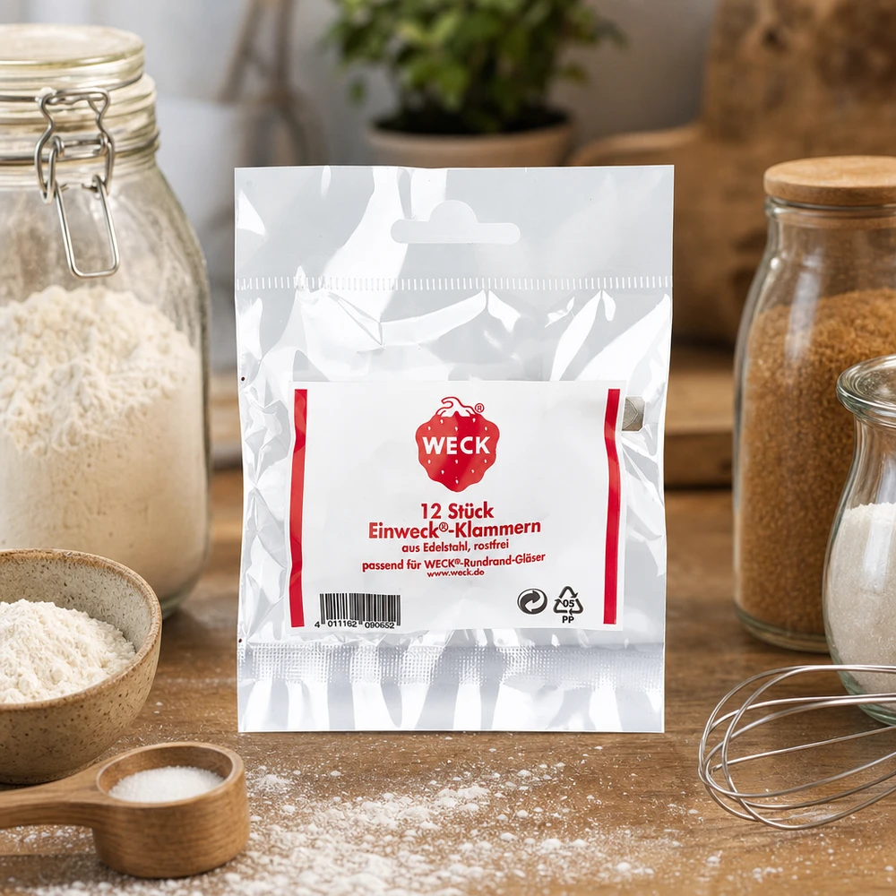 A WECK aperta a embalagem na cozinha natural com frascos de armazenamento de especiarias para farinha e utensílios de cozinha estilo de vida