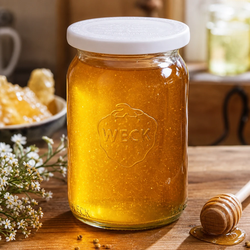 Frasco cilíndrico WECK de 145 ml RR40 cheio de mel sobre uma tábua de madeira decorada com uma colher de mel e flores de camomila