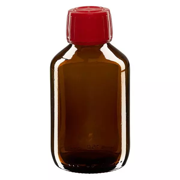 Frasco de medicamento de 150ml castanho, tampa vermelha com anel inviolável ApoGlas Frasco de medicamento de 150ml castanho, tampa vermelha com anel inviolável ApoGlas