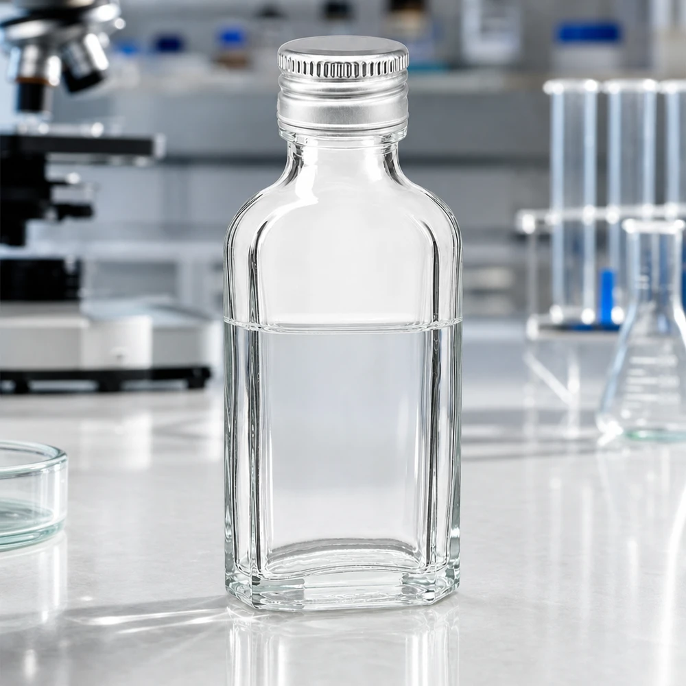 Frasco de vidro retangular de 50 ml, modelo Meplat transparente, com tampa de alumínio PP22 prateada, em ambiente de laboratório