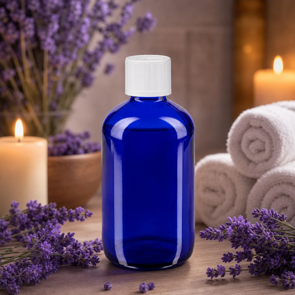 Frasco de farmácia azul de 100 ml com tampa de segurança para crianças branca, entre flores de lavanda e velas