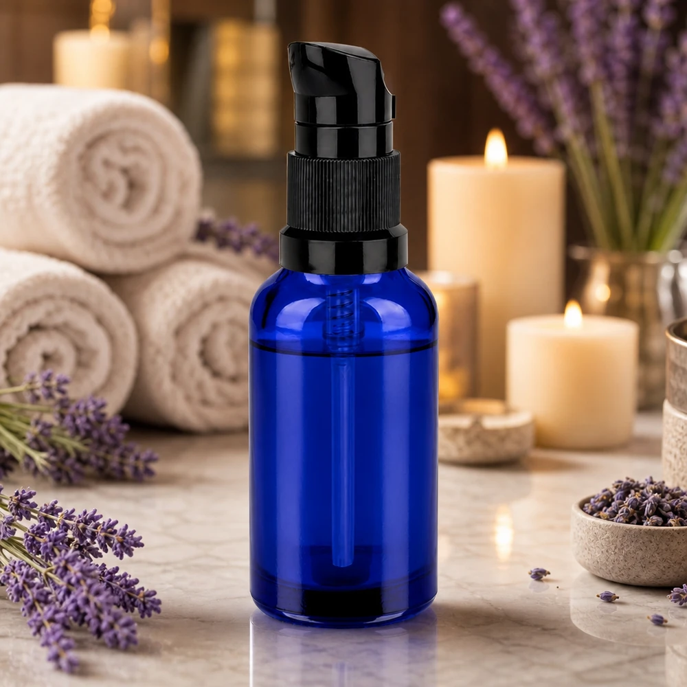 Dispensador de bomba preto num frasco de vidro azul de 30 ml para produtos cosméticos de alta qualidade