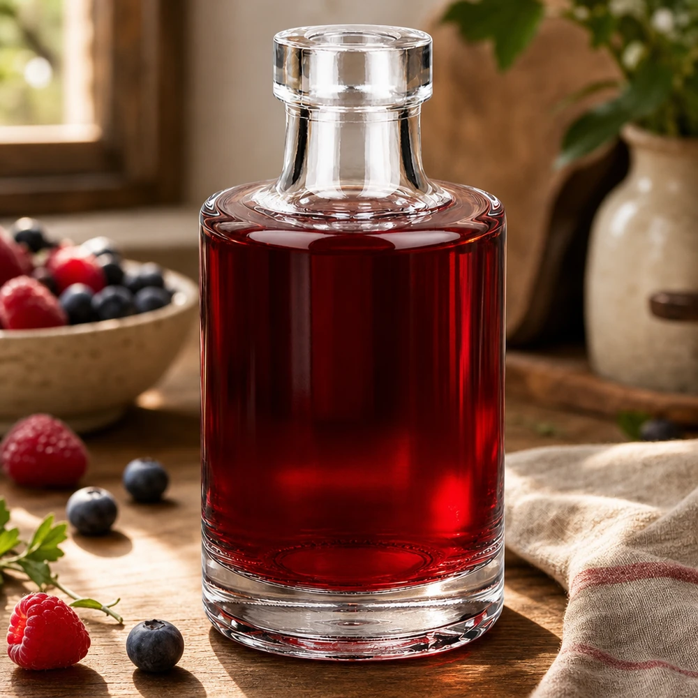Garrafa de vidro de 100 ml de Marie cheia de xarope de frutos vermelhos ao lado de framboesas e mirtilos frescos numa mesa de madeira
