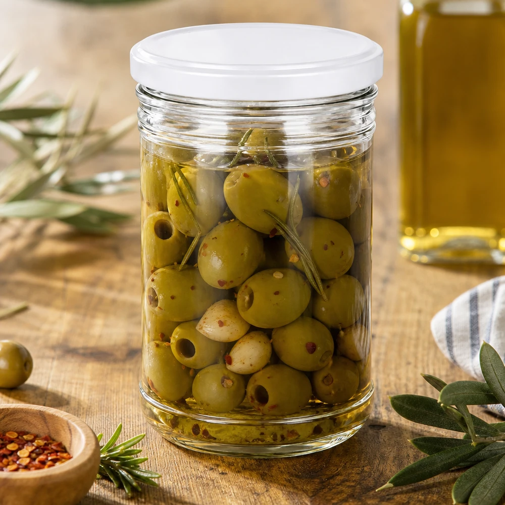 Copos de 1053 ml cheios de azeitonas mostra a utilização mediterrânica Frasco branco com tampa BasicSeal para antipasti
