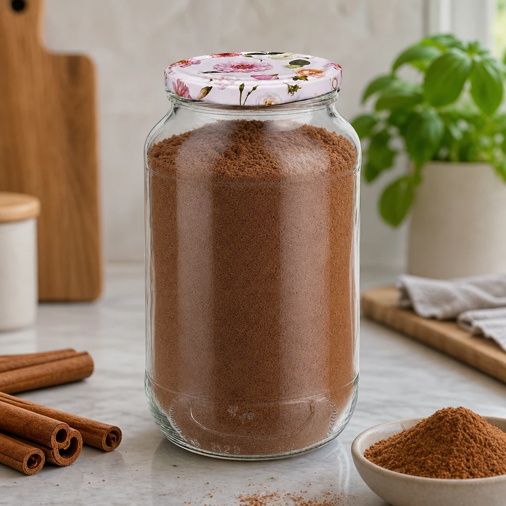 Especiaria canela em frasco redondo de 1062 ml com tampa de flor cor-de-rosa BasicSeal paus de canela Ambiente de cozinha armazenamento de especiarias