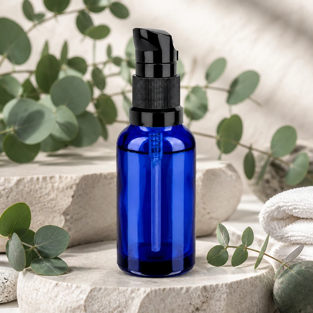 Frasco compacto de 30 ml com bomba BlueLine e vidro azul Proteção UV para cosméticos naturais