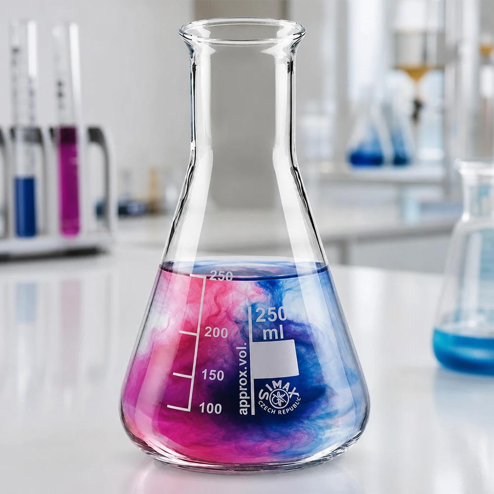 Erlenmeyer 250ml gargalo estreito Balão Erlenmeyer graduado de 250 ml com balança e produtos químicos coloridos para experiências