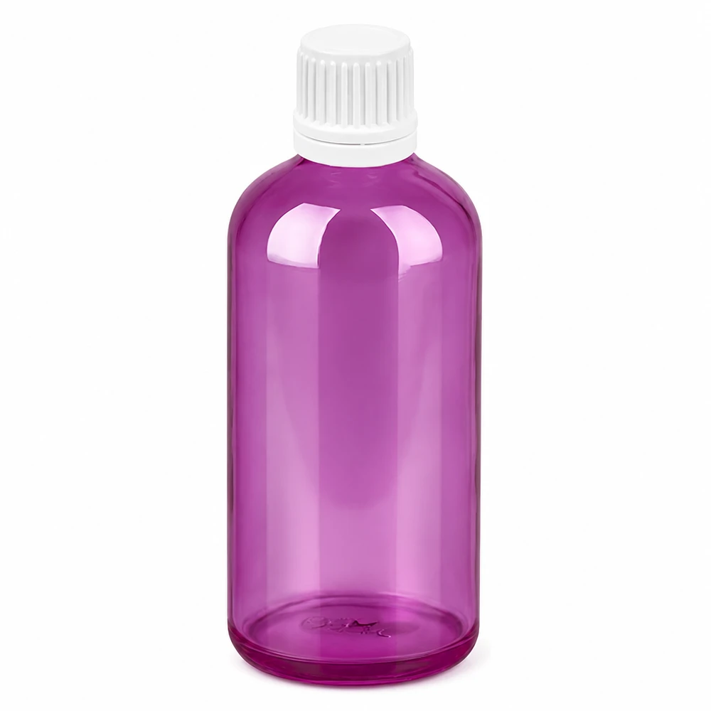 Frasco conta-gotas de 100 ml com tampa de rosca Originality branca de 0,7 mm PurpleLine UT18/100 Frasco conta-gotas de 100 ml com tampa branca e corpo de plástico roxo para uma dosagem precisa