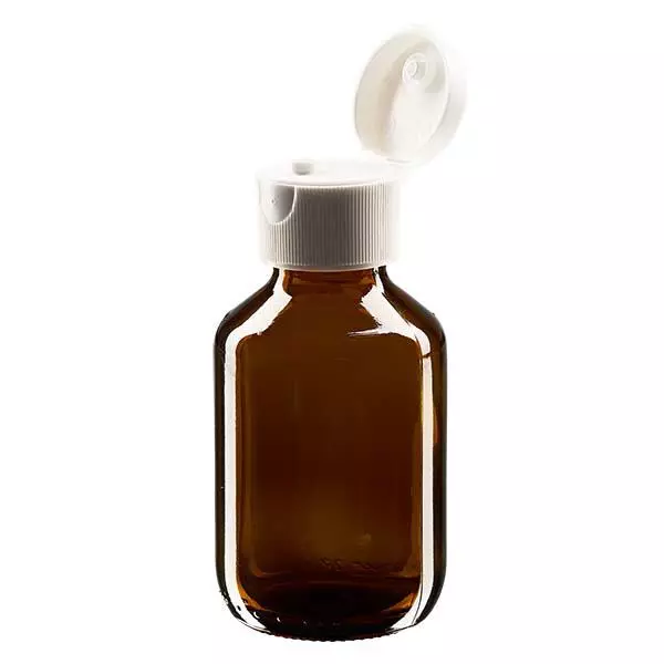 Frasco de medicamento de 100ml castanho, com tampa flip-top ApoGlas Frasco de medicamento de 100ml castanho, com tampa flip-top ApoGlas