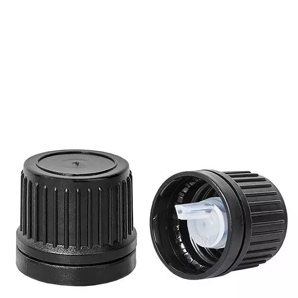 Tampa para conta-gotas 1mm top preta 18mm com fecho inviolável Tampa para conta-gotas 1mm top preta 18mm com fecho inviolável