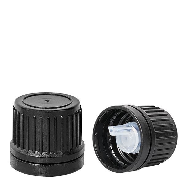 Tampa para conta-gotas 1mm top preta 18mm com fecho inviolável Tampa para conta-gotas 1mm top preta 18mm com fecho inviolável