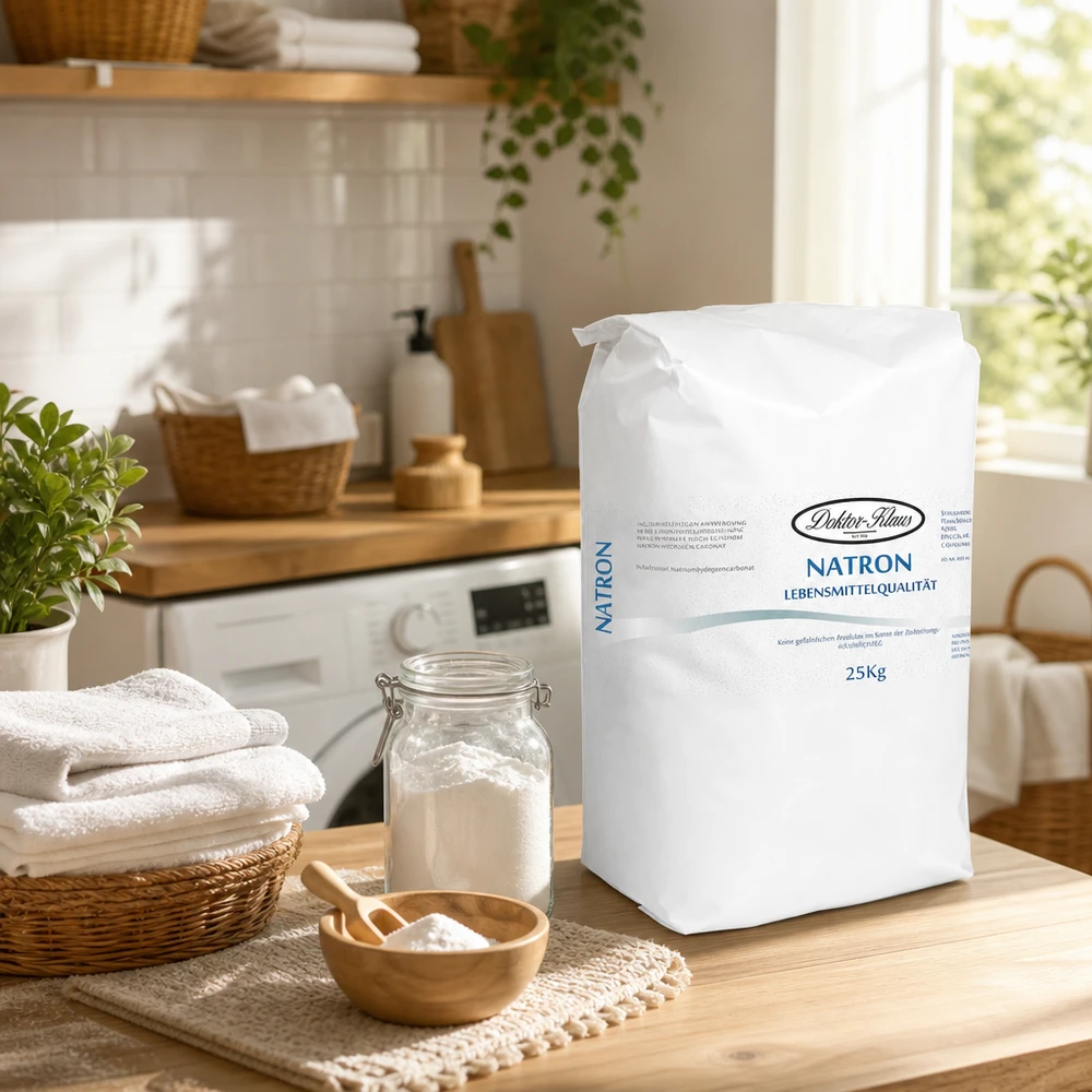 Natron Pulver (Natriumhydrogencarbonat) 25kg Saco grande de 25 kg de bicarbonato de sódio em pó na cozinha moderna com hidrogenocarbonato de sódio natural