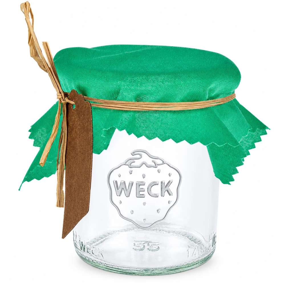 Pano para jóias verde 12cm quadrado Guardanapo de tecido verde de 12 cm quadrados num frasco com elástico e pendente castanho como guardanapo de frasco de compota