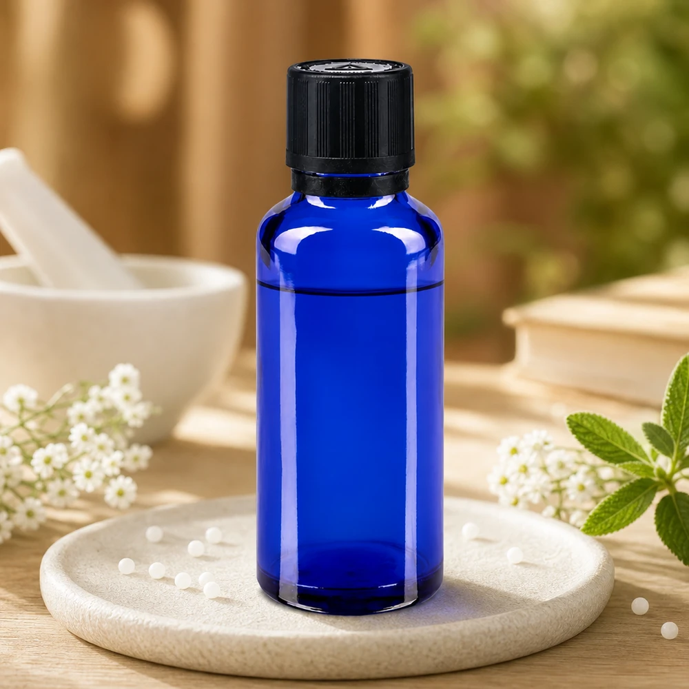 Frasco de vidro azul de 30 ml com tampa preta de segurança para crianças, rodeado por flores brancas e hortelã