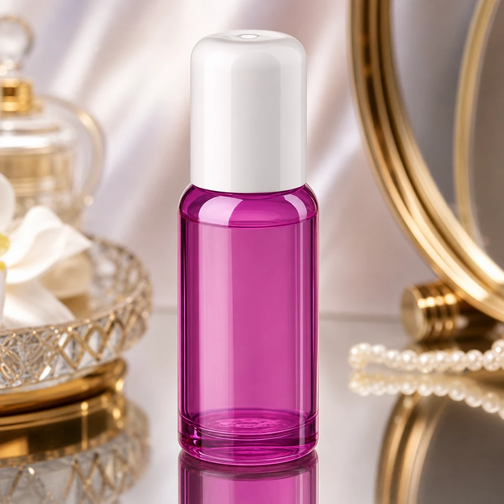 Frasco de vidro de alta qualidade de 20 ml com tampa de enrolar em roxo transparente para produtos cosméticos