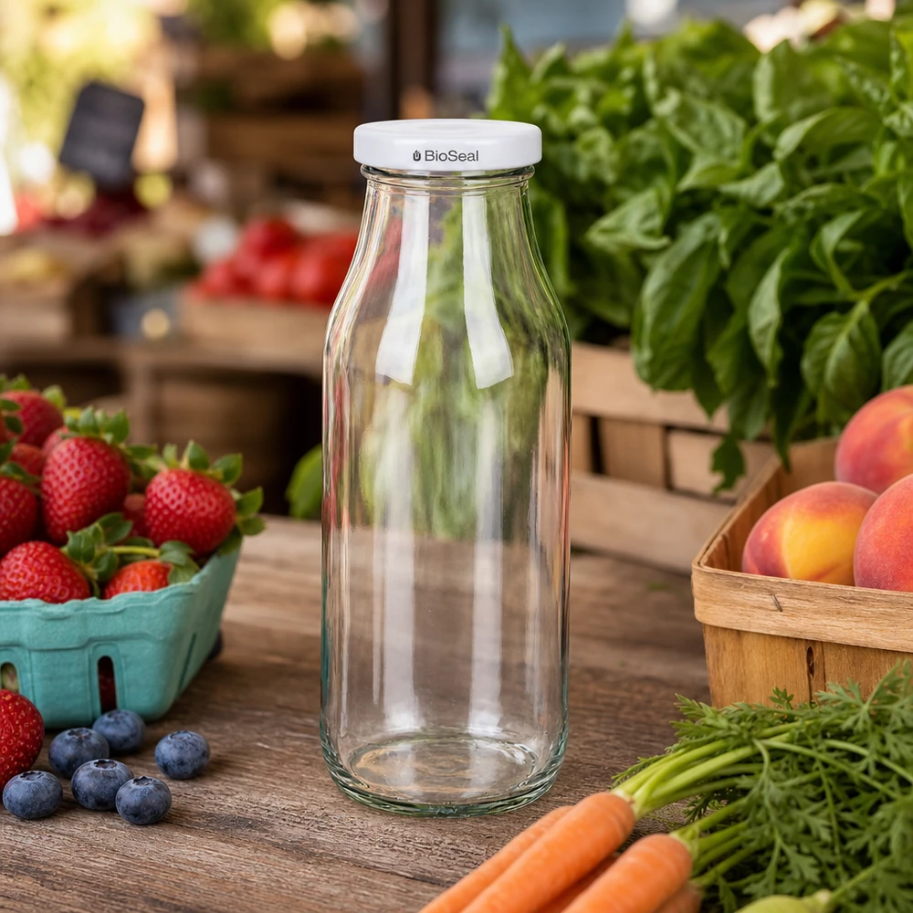 Frasco de 263ml com tampa BioSeal branca UNiTWIST UNiTWIST Bottle263 Garrafa de vidro vazia entre frutas e legumes frescos numa mesa de madeira num cenário de cozinha natural