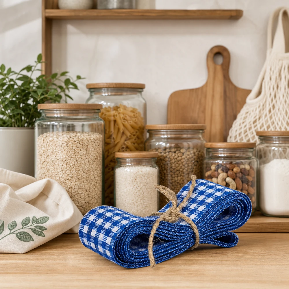 Fita de tecido azul/branca para decoração, 300 cm Fita de tecido axadrezado azul branco 300cm com cordão de juta sobre balcão de madeira entre frascos de arrumação e utensílios de cozinha