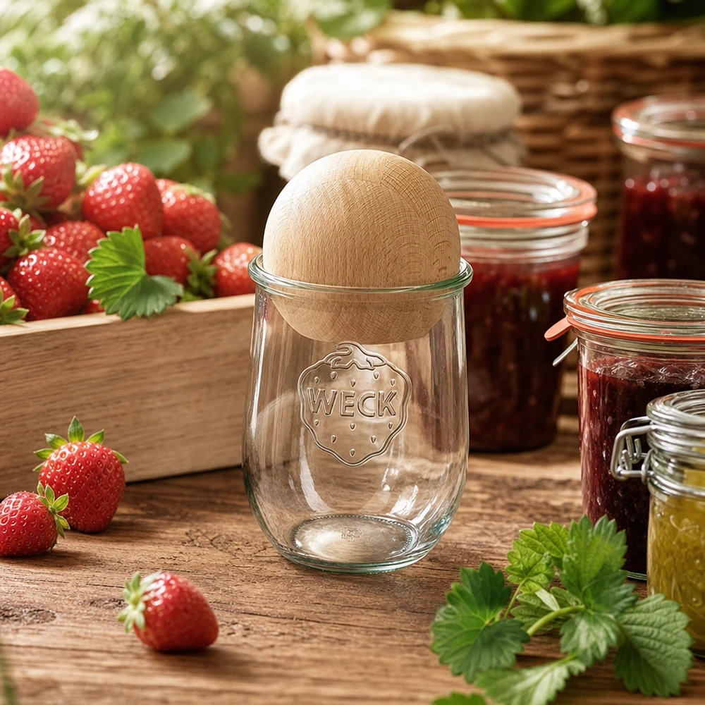 Frasco tulipa de 1062ml WECK RR100 com bola de madeira faia Frasco de conserva WECK 1062ml RR100 com tampa de madeira para conservar compota de morango numa cozinha rústica