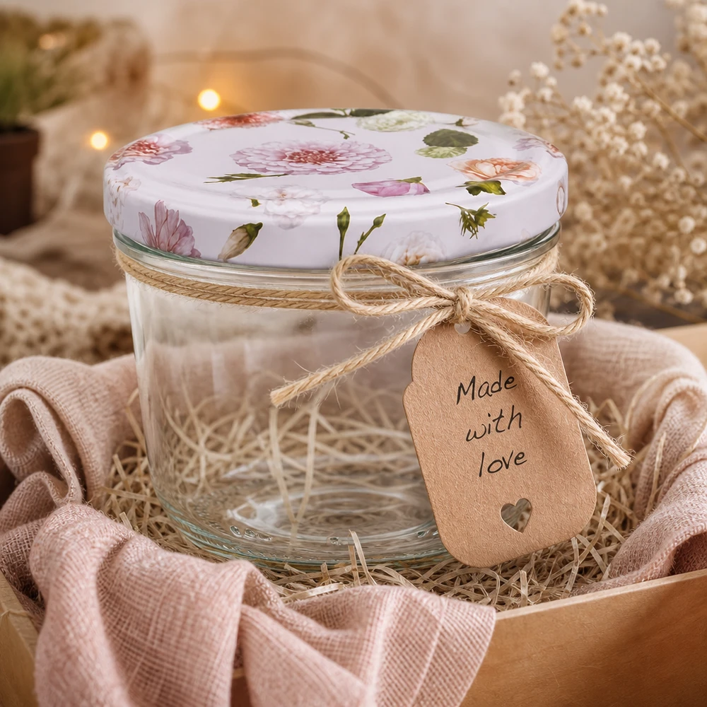 Copos de vidro de 230ml + tampa BasicSeal flor rosa UNiTWIST Copos de 230 ml tampa BasicSeal flores cor-de-rosa caixa de oferta cesto de artesanato laço de juta etiqueta Made with Love