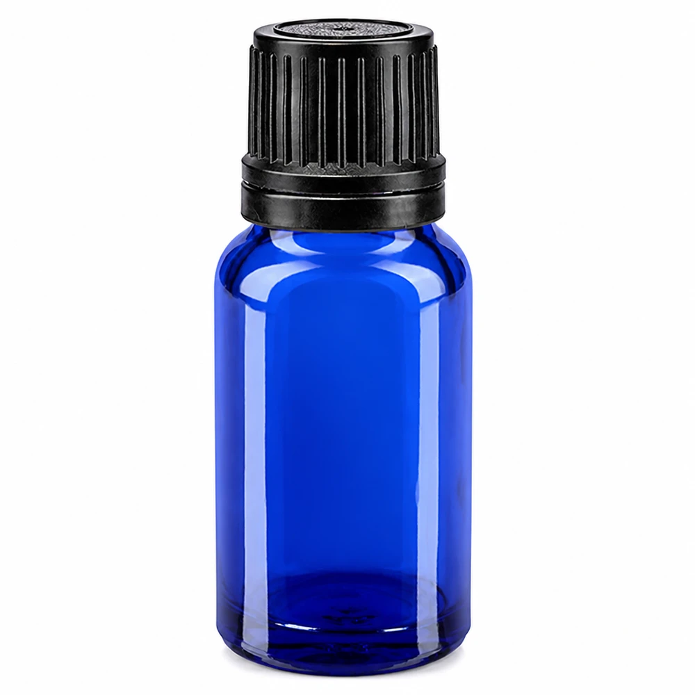 Frasco de vidro azul de 10 ml com tampa OV preta e conta-gotas de 1 mm em vidro de farmácia