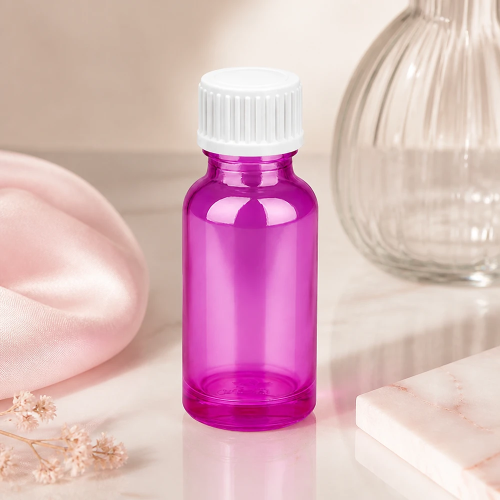 Frasco de 20 ml (glóbulo) com anel de vazamento de 3 mm branco padrão PurpleLine.UT18/20 Frasco de vidro elegante de 20 ml em púrpura com tampa de rosca branca para uso profissional