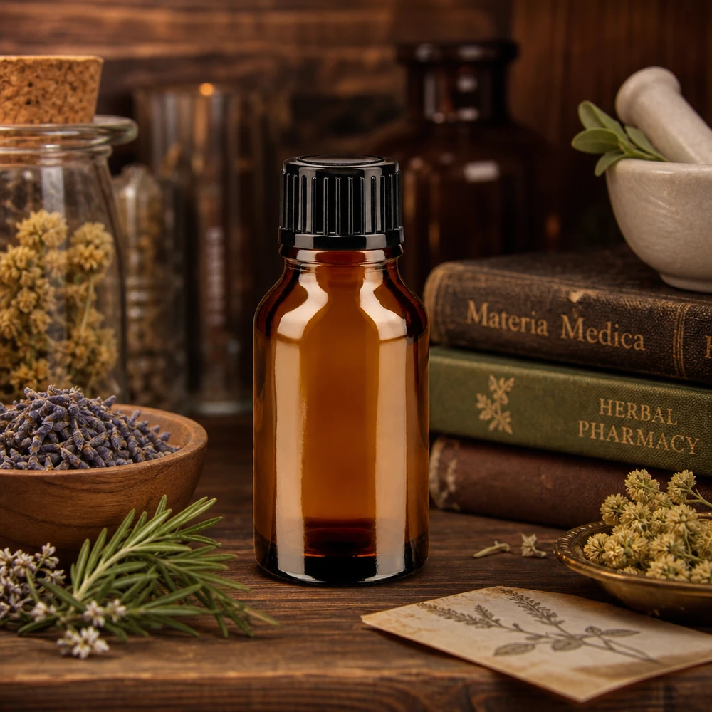 Frasco de farmácia castanho 15ml com tampa de rosca preta standard Frasco de farmácia de 15 ml, de vidro castanho com tampa de rosca preta, entre livros de ervas e a Matéria Médica