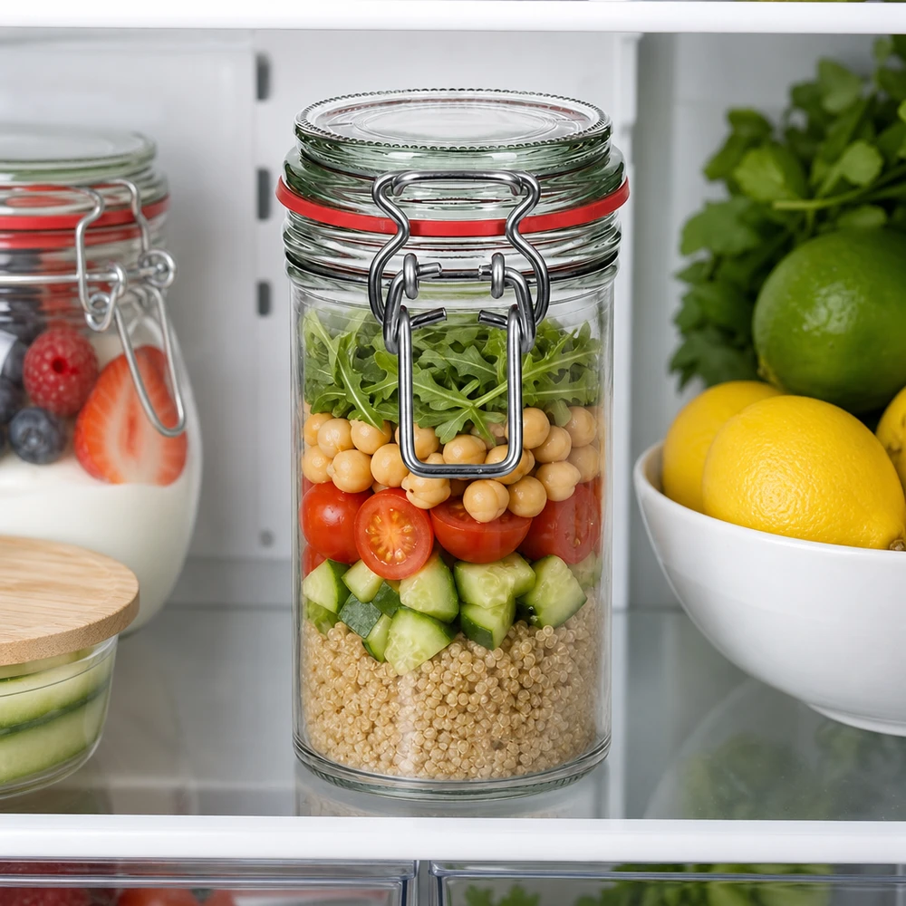 Frasco de conservação de 272 ml, tipo G, com tampa de fecho de alça UN.. Frasco de armazenamento de 272 ml com tampa basculante cheio de salada de quinoa, grão-de-bico, tomate e pepino no frigorífico