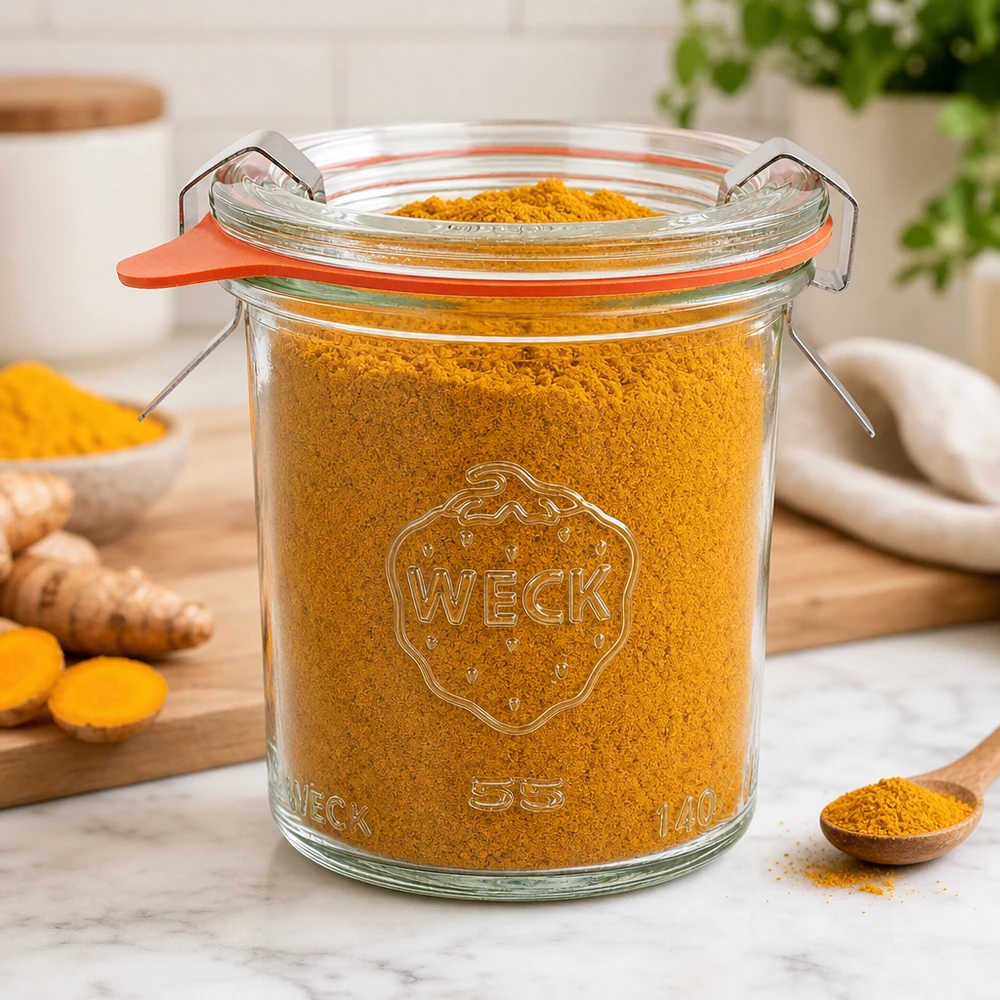 Copos de vidro de 140ml completos WECK RR60 WECK Sturzglas 140ml RR60 mit Kurkuma-Pulver gefüllt in moderner Küche zeigt Vielseitigkeit für Gewürzaufbewahrung