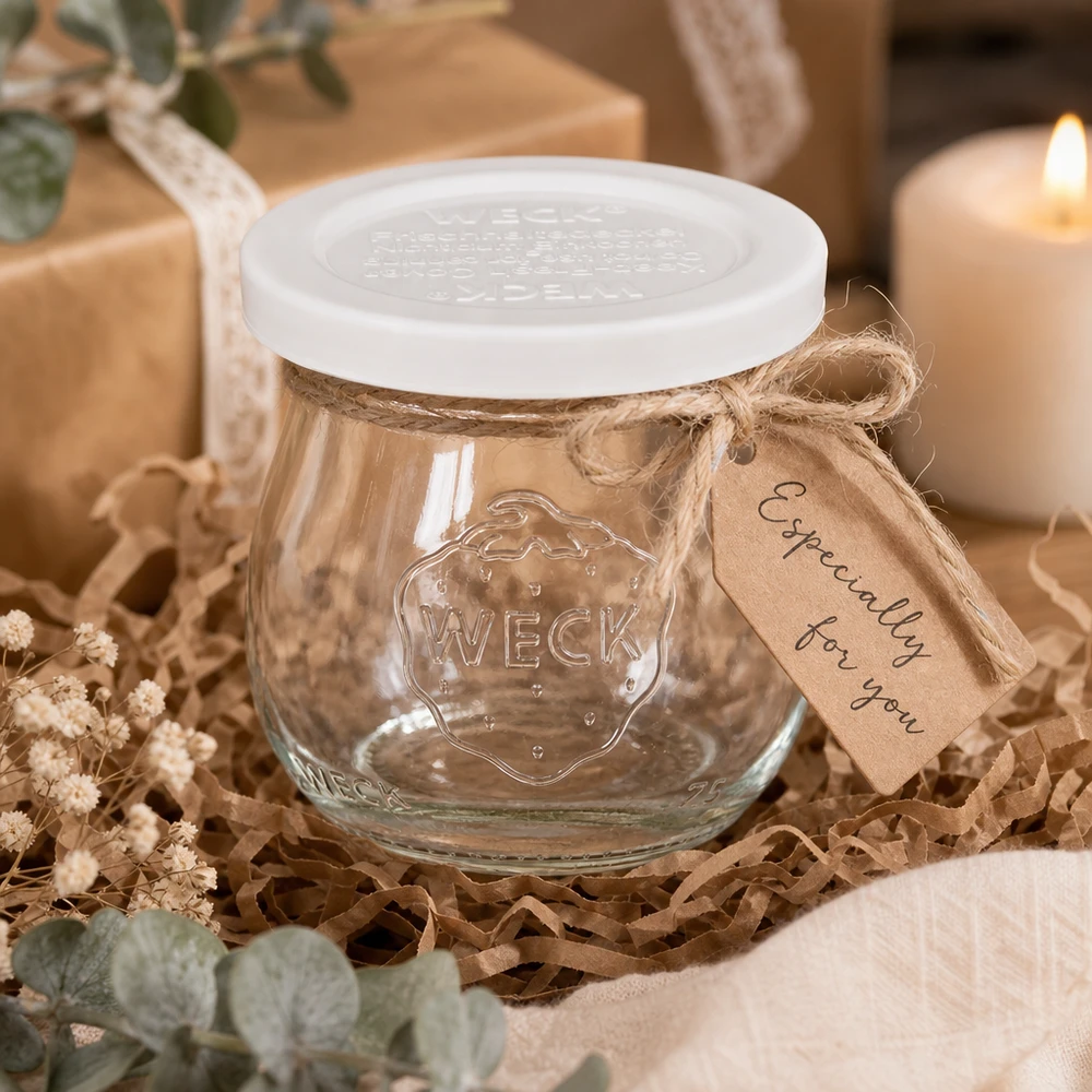 Frasco de tulipas WECK 75ml RR40 para oferta, embalado decorativamente com etiqueta de papel kraft e fita de juta sobre madeira