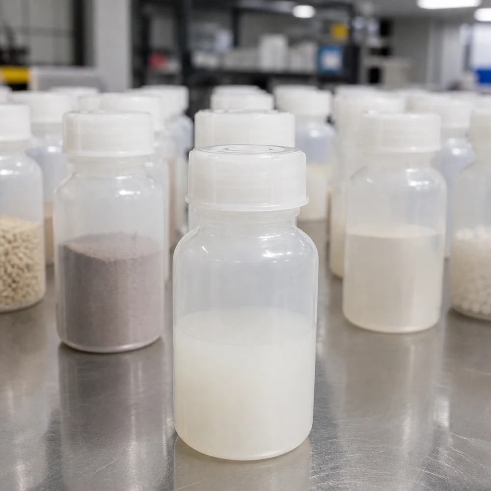 Frasco de laboratório de 100 ml com gargalo largo e tampa de rosca Frascos de laboratório de gargalo largo de 100 ml com tampa de rosca, cheios de amostras de pó de várias cores
