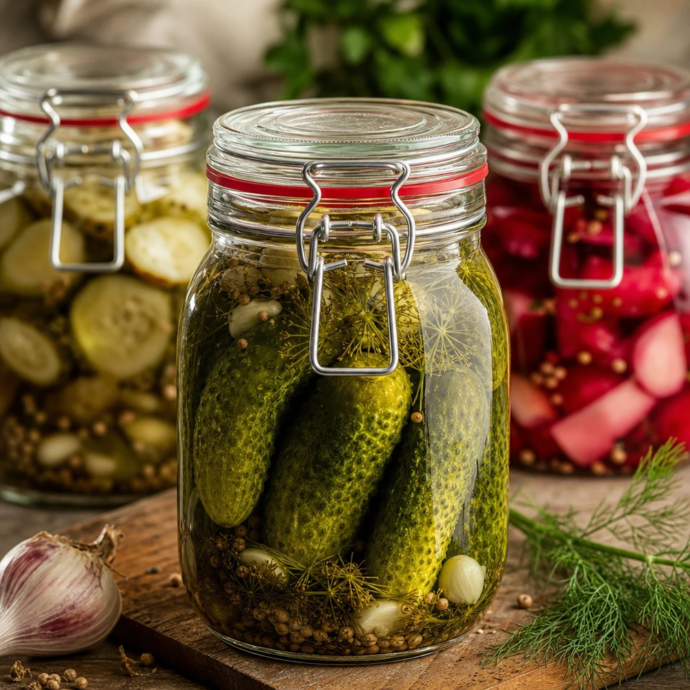 Frasco de conservação de 1140 ml, tipo G, com tampa de alça UN.. Frasco de conserva hermético de 1140 ml com tampa basculante, perfeito para conservar pickles e legumes