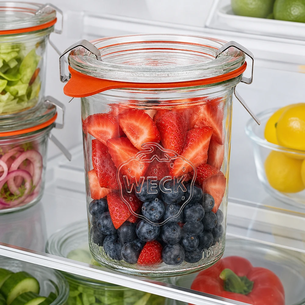 Copos WECK 160ml RR60 cheios de bagas frescas no frigorífico para uma frescura e conservação óptimas